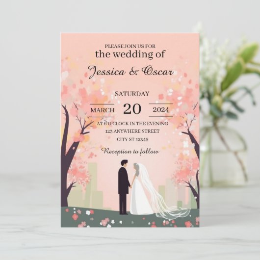 Invitation Cartoon en couple minimal avec Mariage de fleurs (Debout devant)