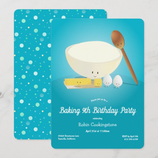 Invitation Cartoon Food Characters Blue Baking Birthday Party (Devant / Derrière)