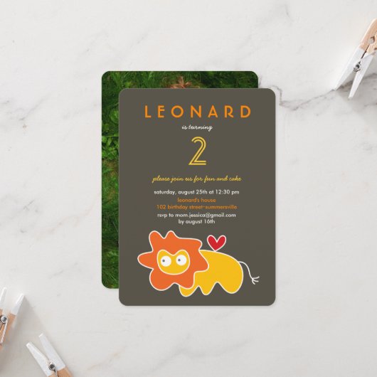 Invitation Cartoon mignon Lion jaune Enfants Photo Anniversai (Devant/Arrière en situation)