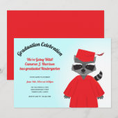 Invitation Cartoon Raccoon Rouge Noir Bleu Enfant Graduation (Devant / Derrière)