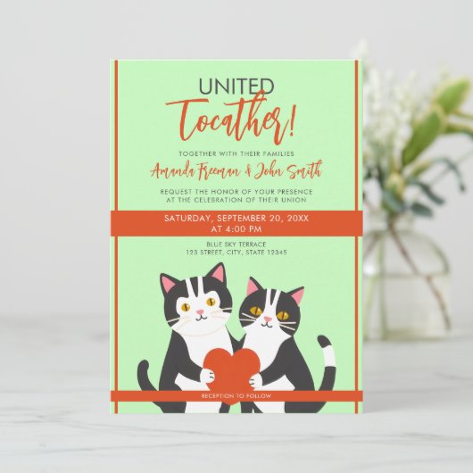 Invitation Cartoon Rouge & Blanc Cute Cats et Mariage de coeu (Debout devant)