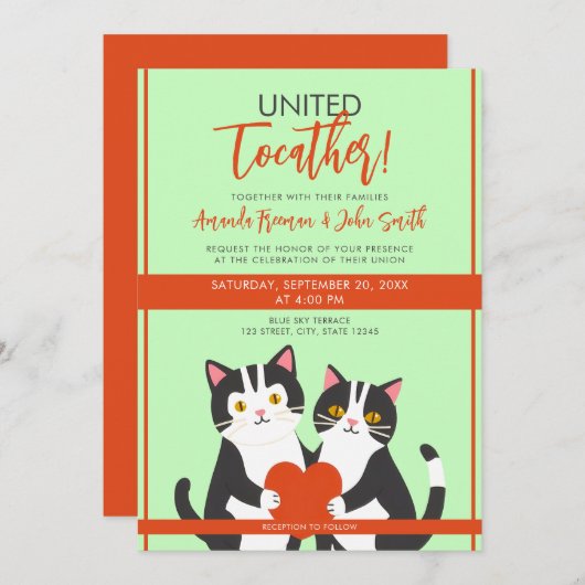 Invitation Cartoon Rouge & Blanc Cute Cats et Mariage de coeu (Devant / Derrière)
