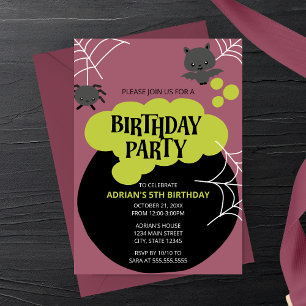 Invitation Cartoon Sorcière's Chaudron Halloween Fête d'Anniv