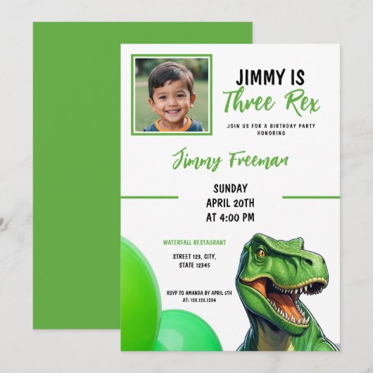 Invitation Cartoon Vert Cute Trex Photo Anniversaire (Devant / Derrière)