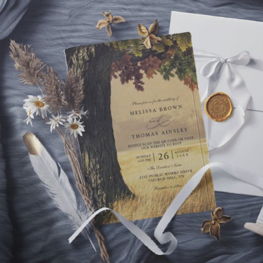 Invitation Carved Oak Tree Country Rustic QR Code Wedding