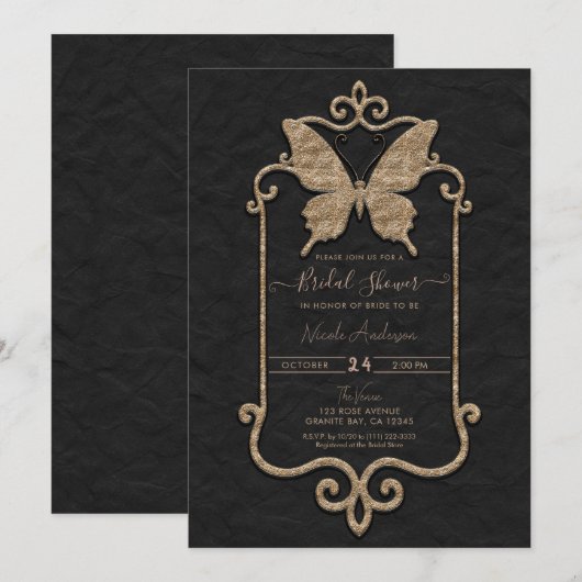 Invitation Casa Mariposa Rose & Papillon Noir Mariage (Devant / Derrière)