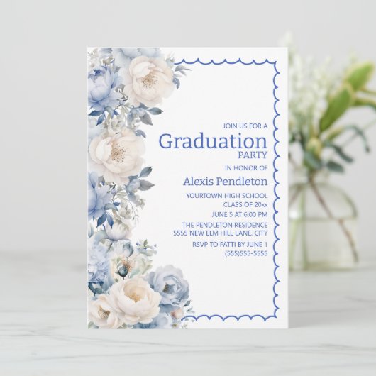 Invitation Cascade bleu bleu blanc floral (Debout devant)