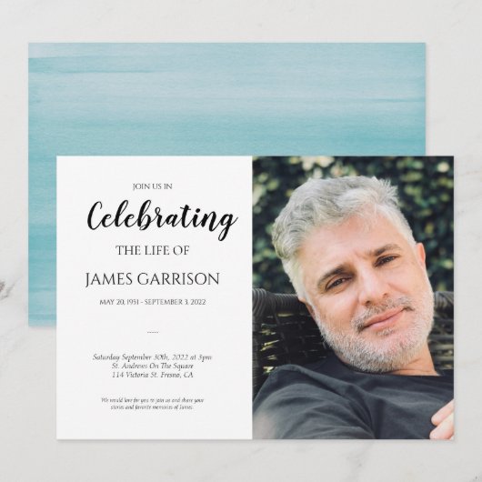 Invitation Cascade bleue Célébration de la vie avec photo (Devant / Derrière)