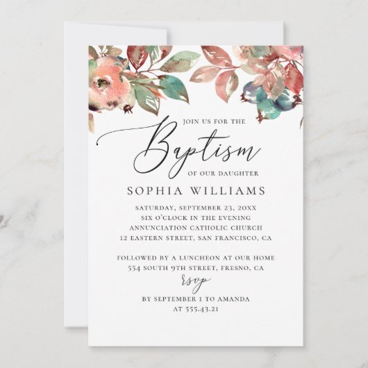 Invitation Cascade chute floral bleu script baptême (Devant)