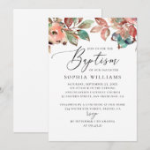 Invitation Cascade chute floral bleu script baptême (Devant / Derrière)