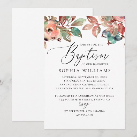 Invitation Cascade chute floral bleu script baptême (Devant / Derrière)