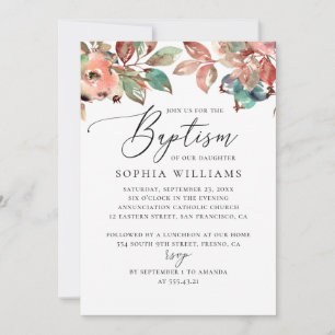 Invitation Cascade chute floral bleu script baptême