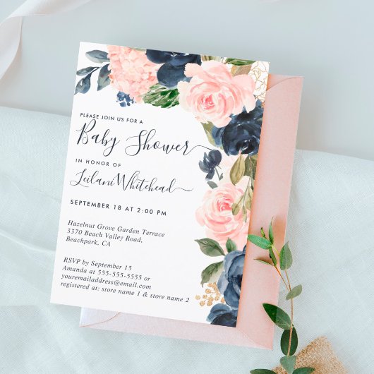 Invitation Cascade de fleurs de la marine rose baby shower