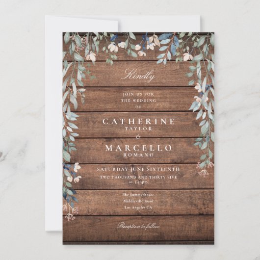 Invitation Cascade de fleurs vertes Mariage de bois rustique (Devant)