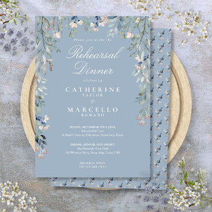 Invitation Cascade Floral Bleu Poussiéreux Dîner de Répétitio