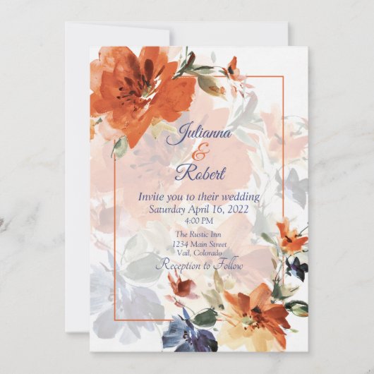 Invitation Cascade orange et bleu mariage floral (Devant)
