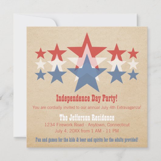 Invitation Cascade rouge, blanc et bleu Star 4 juillet Invita (Devant)