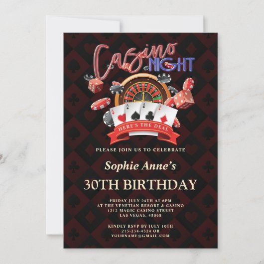 Invitation Casino de luxe Night Vegas 30e anniversaire fête (Devant)