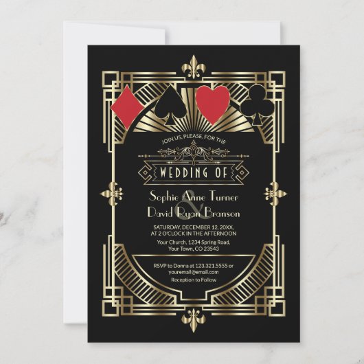 Invitation Casino Gold Black Art Déco Roaring Mariage des ann (Devant)