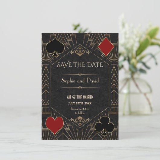 Invitation Casino Gold Black Gatsby Wedding Save The Date (Debout devant)