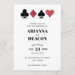 Invitation Casino moderne avec Parties scintillant rouge<br><div class="desc">faire-part de mariage du couple moderne, cette invitation présente une typographie propre et simple, à l'ambiance moderne, et un graphique brillant de casino sur le thème de la parties scintillant rouge et des costumes de cartes noires, ce qui en fait le choix idéal pour un séjour somptueux à Las Vegas....</div>