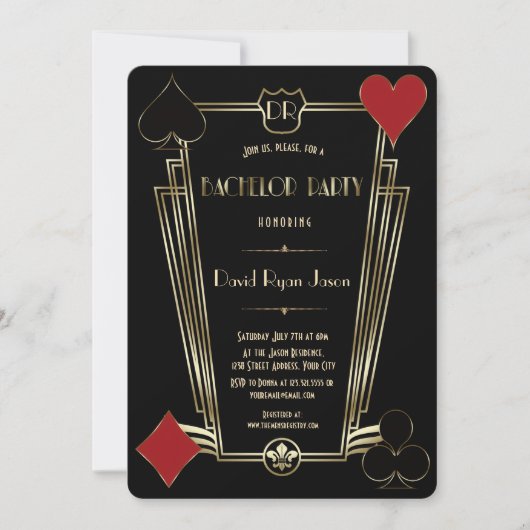 Invitation Casino Night Gold Art Deco Monogram Bachelor Party (Devant)