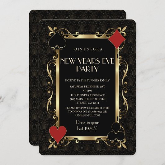 Invitation Casino Night Gold Art Deco New Years Eve Party (Devant / Derrière)