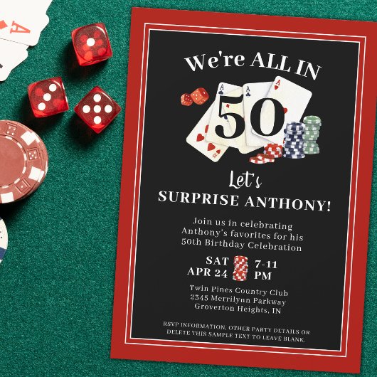 Invitation Casino Poker Surprise fête d'anniversaire