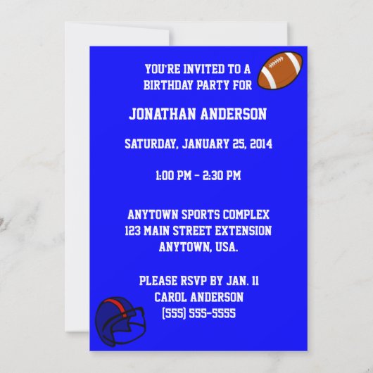 Invitation Casque bleu et rouge de football et de football (Dos)