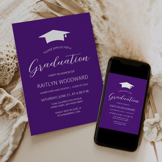Invitation casquette blanc violet 2025 Parti de graduation mo