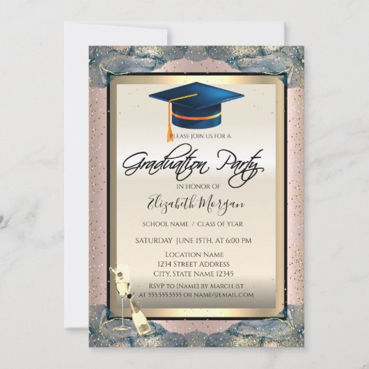 Invitation Casquette Bleu Grad, Vin, Rose Confetti Diplôme d' (Devant)