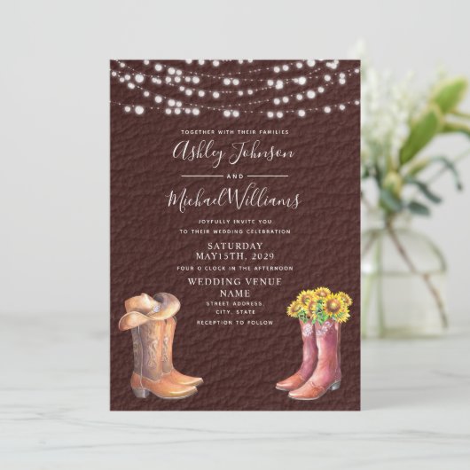 Invitation Casquette Bottes en cuir rustique Pays Mariage pho (Debout devant)