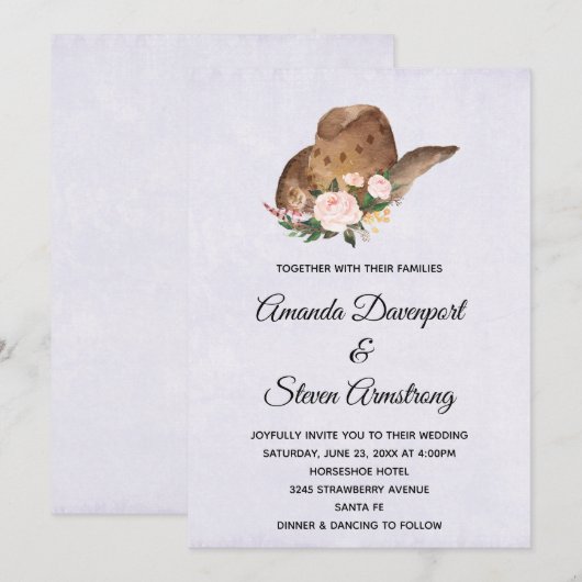 Invitation Casquette Cowboy Brown avec Mariage Fleurs roses (Devant / Derrière)