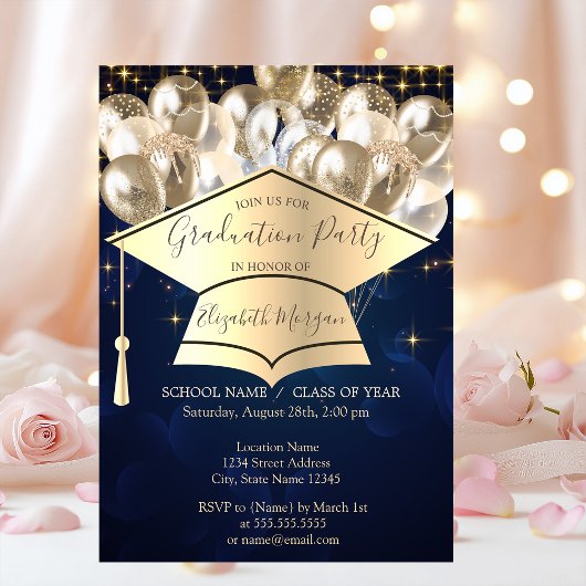 Invitation Casquette de fin d'études, Ballons d'étoiles, Bleu