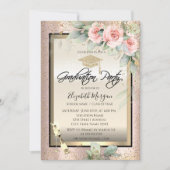 Invitation Casquette de grade, Verre à vin, Fleurs Rose Gold  (Devant)