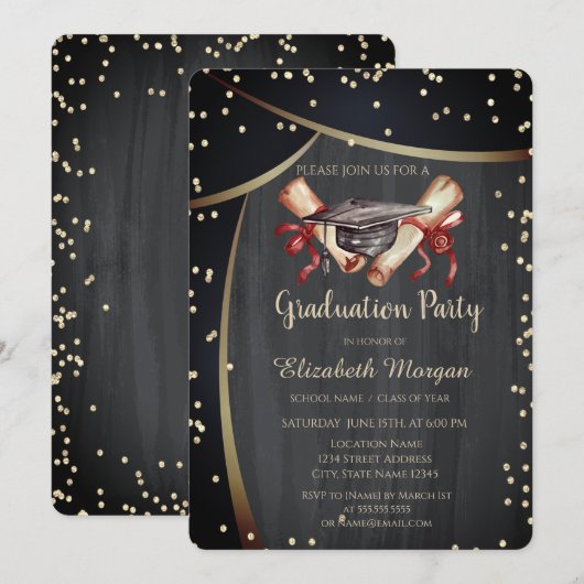 Invitation Casquette de graduation aquarelle, Diamants Noir (Devant / Derrière)