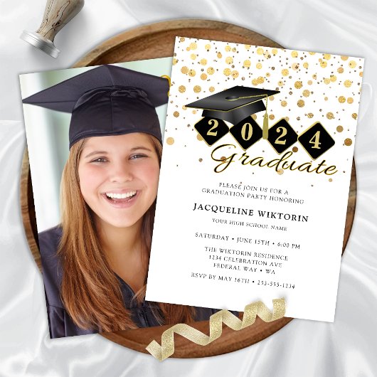 Invitation Casquette de graduation classique Black Gold Photo
