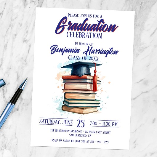 Invitation Casquette de graduation d'aquarelle avec des livre