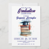 Invitation Casquette de graduation d'aquarelle avec des livre (Devant)