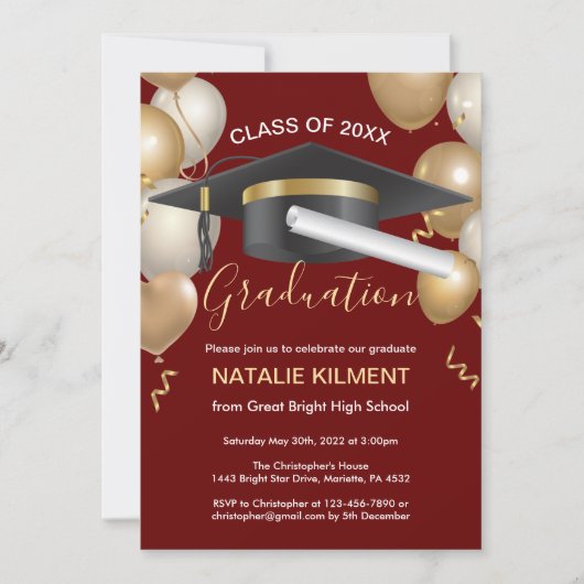 Invitation Casquette de graduation de Dark Red et Gold (Devant)