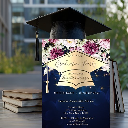 Invitation Casquette de graduation dorée, étoiles, fleurs Ble