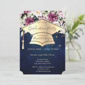 Invitation Casquette de graduation dorée, étoiles, fleurs Ble (Debout devant)