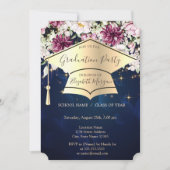 Invitation Casquette de graduation dorée, étoiles, fleurs Ble (Devant)