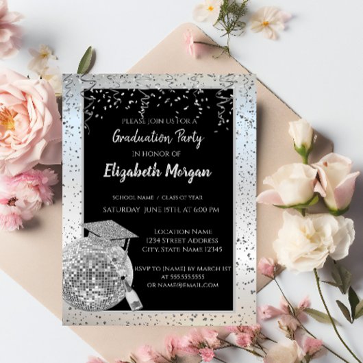 Invitation Casquette de graduation en argent, Confetti de bal