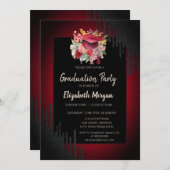 Invitation Casquette de graduation florale, Lecteurs noirs ro (Devant / Derrière)