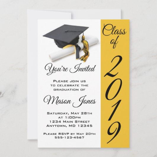 Invitation Casquette de graduation Jaune Noir et Or et Tassel (Devant)