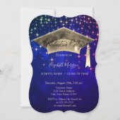 Invitation Casquette de remise de diplôme en or, étoiles fond (Devant)