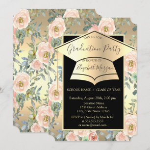 Invitation Casquette de remise de diplôme, Fleurs Roses Or Di