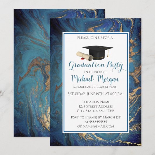 Invitation Casquette de remise de diplôme Marbre Doré Fête de (Devant / Derrière)