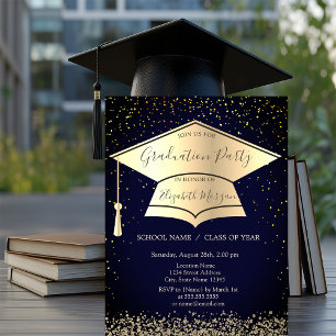 Invitation Casquette de remise des diplômes en or, confettis